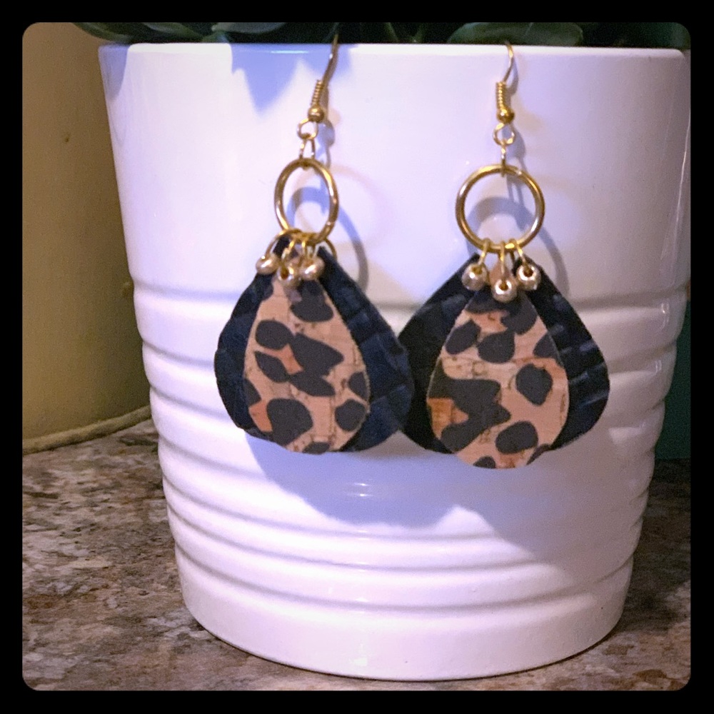 Black and leopard faux leather earrings